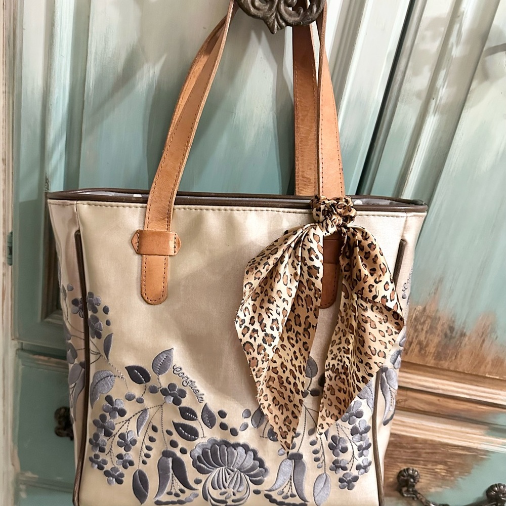 Consuela Valentina Tote  Champagne with Blue Flower Embroidery Leather Straps